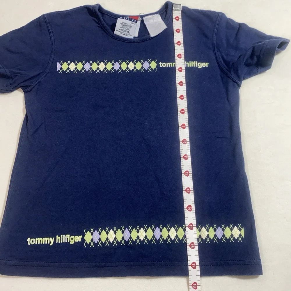 Vintage Tommy Hilfiger Navy Blue Argyle Logo Tee Made in USA Child‎ Boy Size S/P